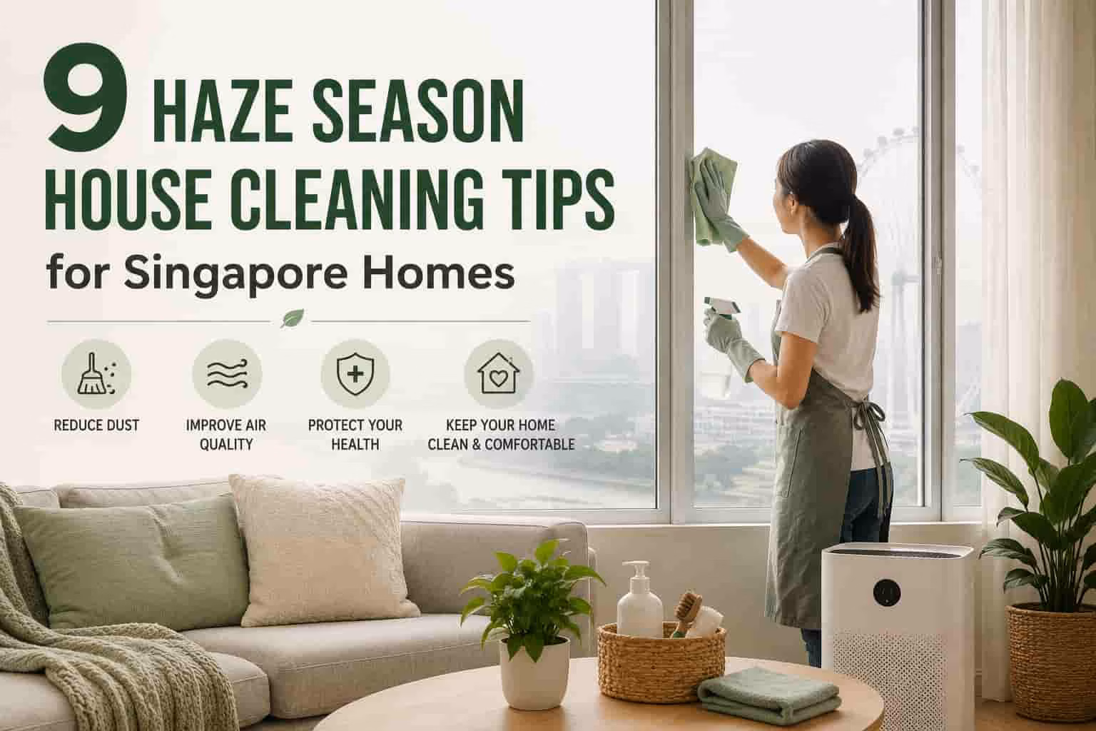 Woman cleaning windows during haze season inside a Singapore home