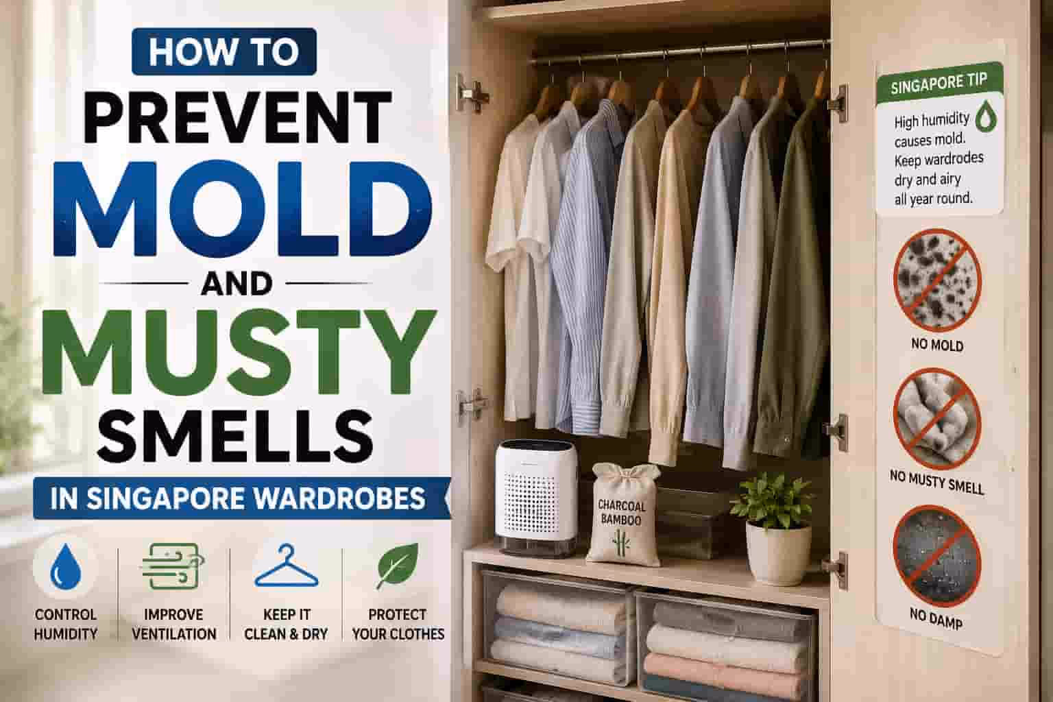 Clean Singapore wardrobe with humidity control tips to prevent mold and musty smells on clothes