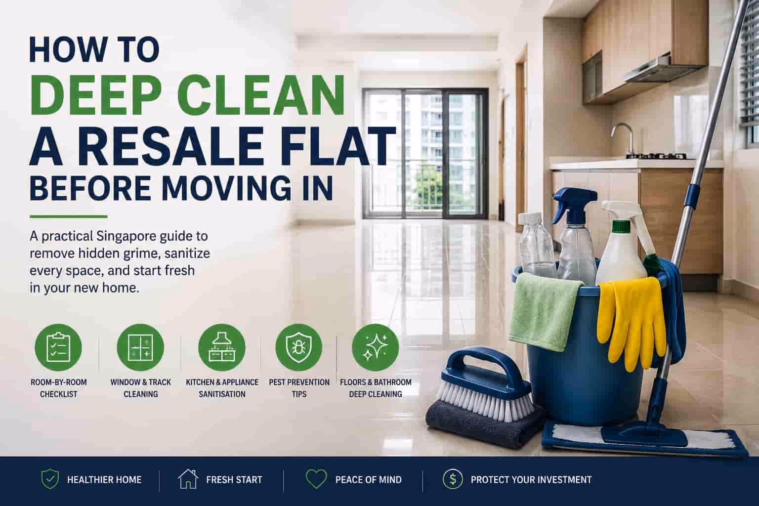 Deep cleaning a resale HDB flat before moving in, showing an empty apartment and cleaning supplies in Singapore.